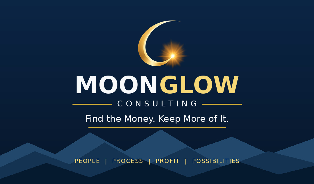 Moonglow Consulting crescent and sun logo. Find the Money. Keep More of It.